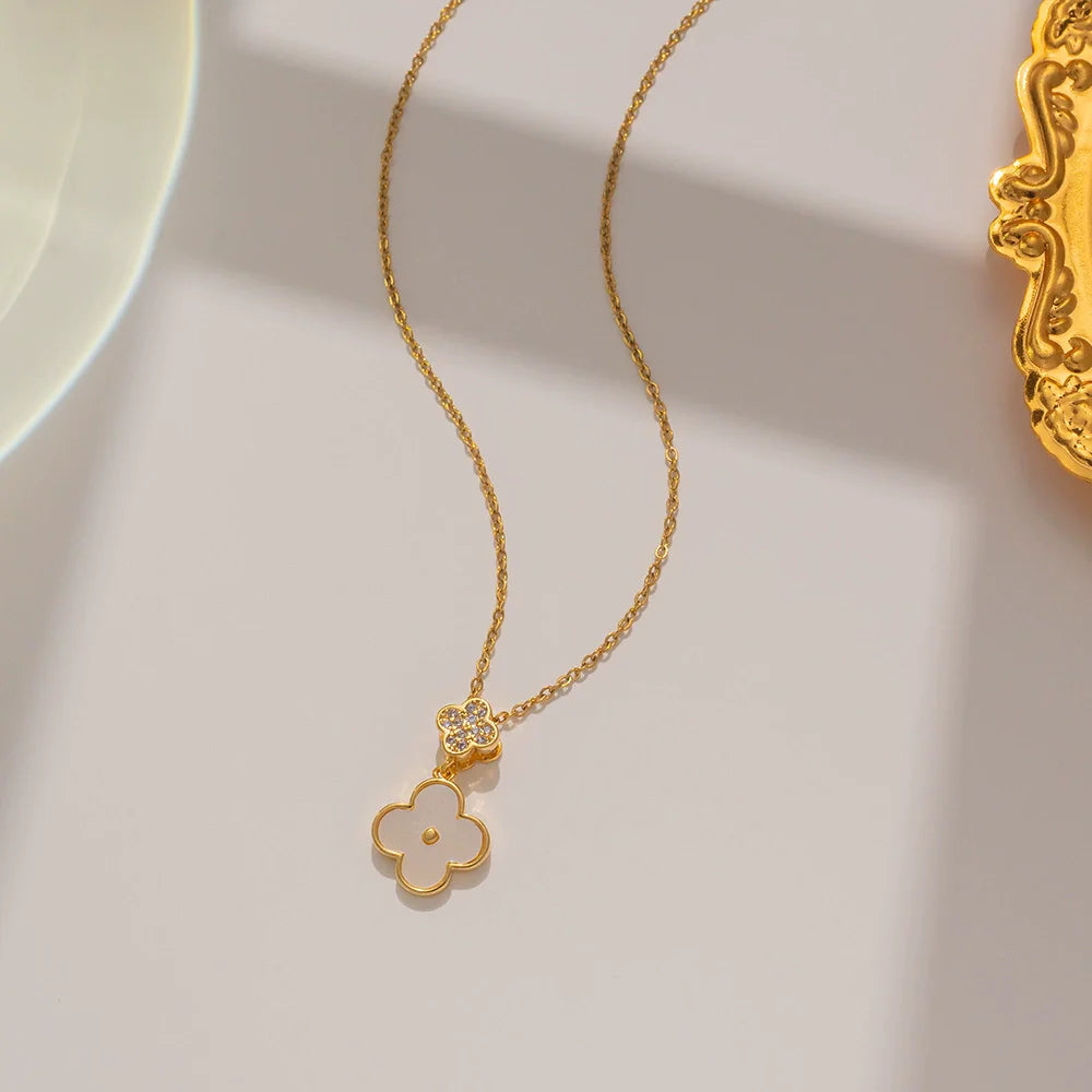 Necklace Titanium Steel Four Leaf Clover Geometric Natural Gold Inlaid Ball Chain